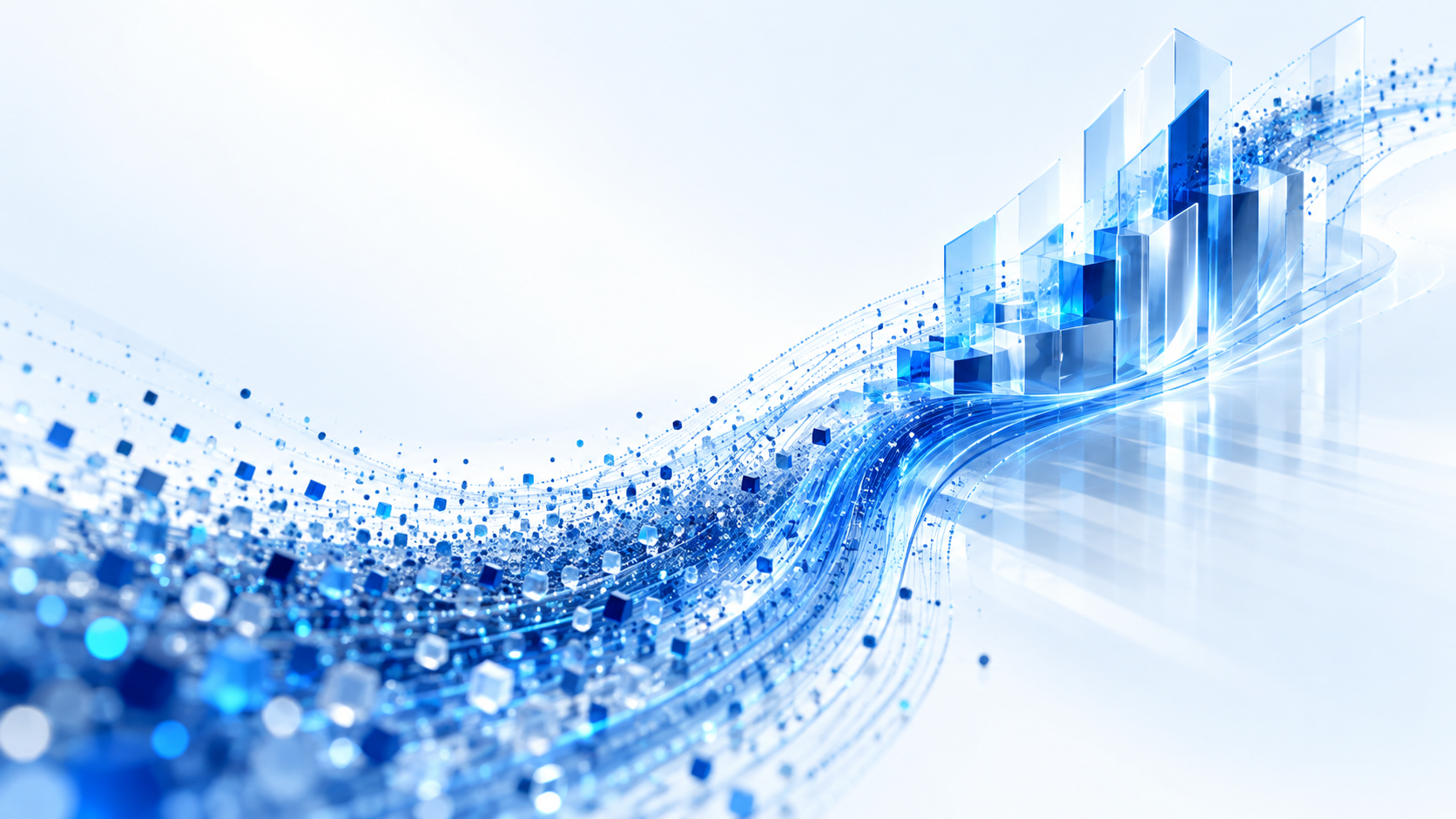 Corriente abstracta azul que transforma datos dispersos en una estructura ordenada